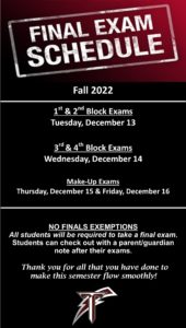 2022 Fall Semester Final Exam Schedule