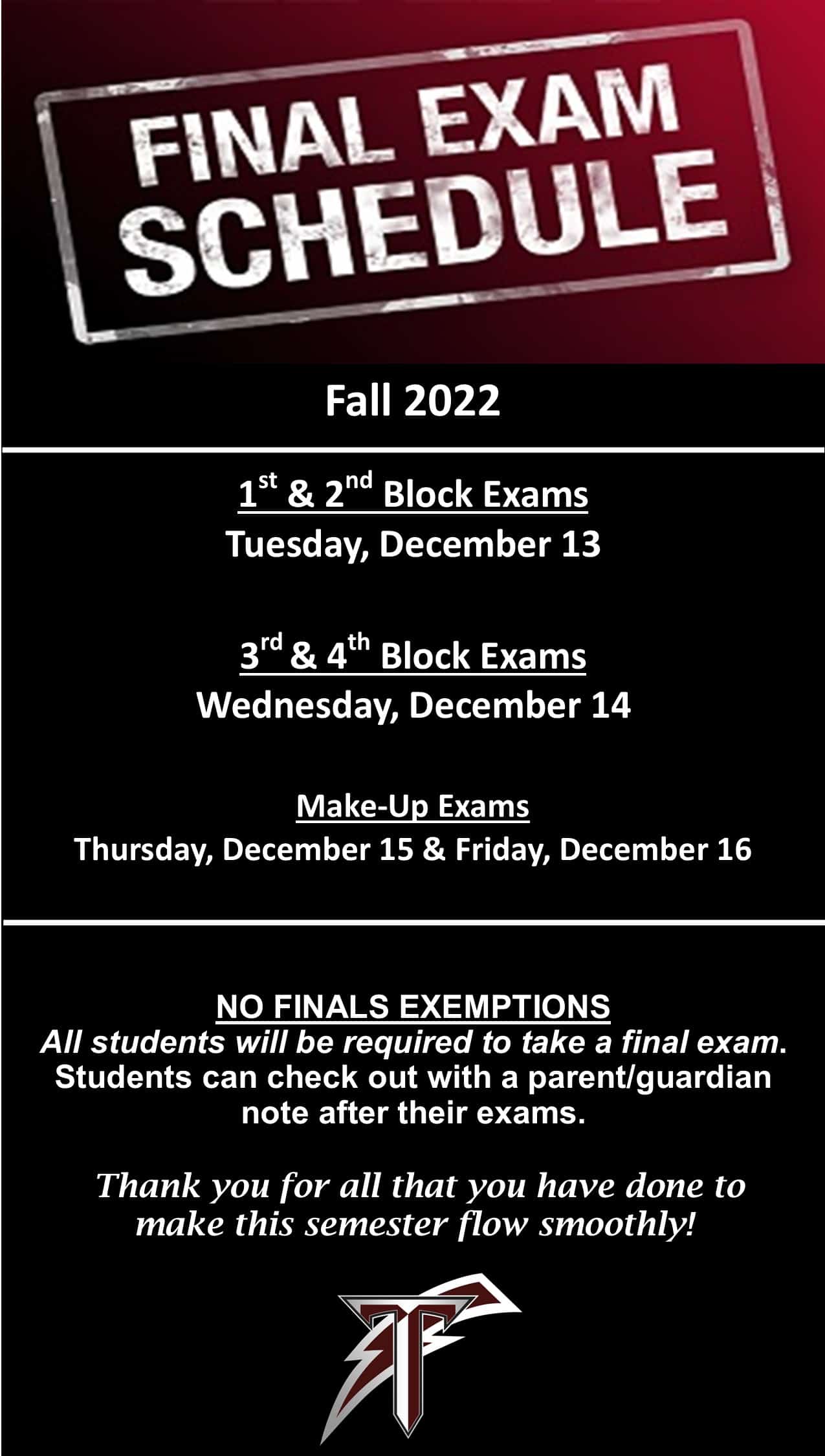 2022 Fall Semester Final Exam Schedule