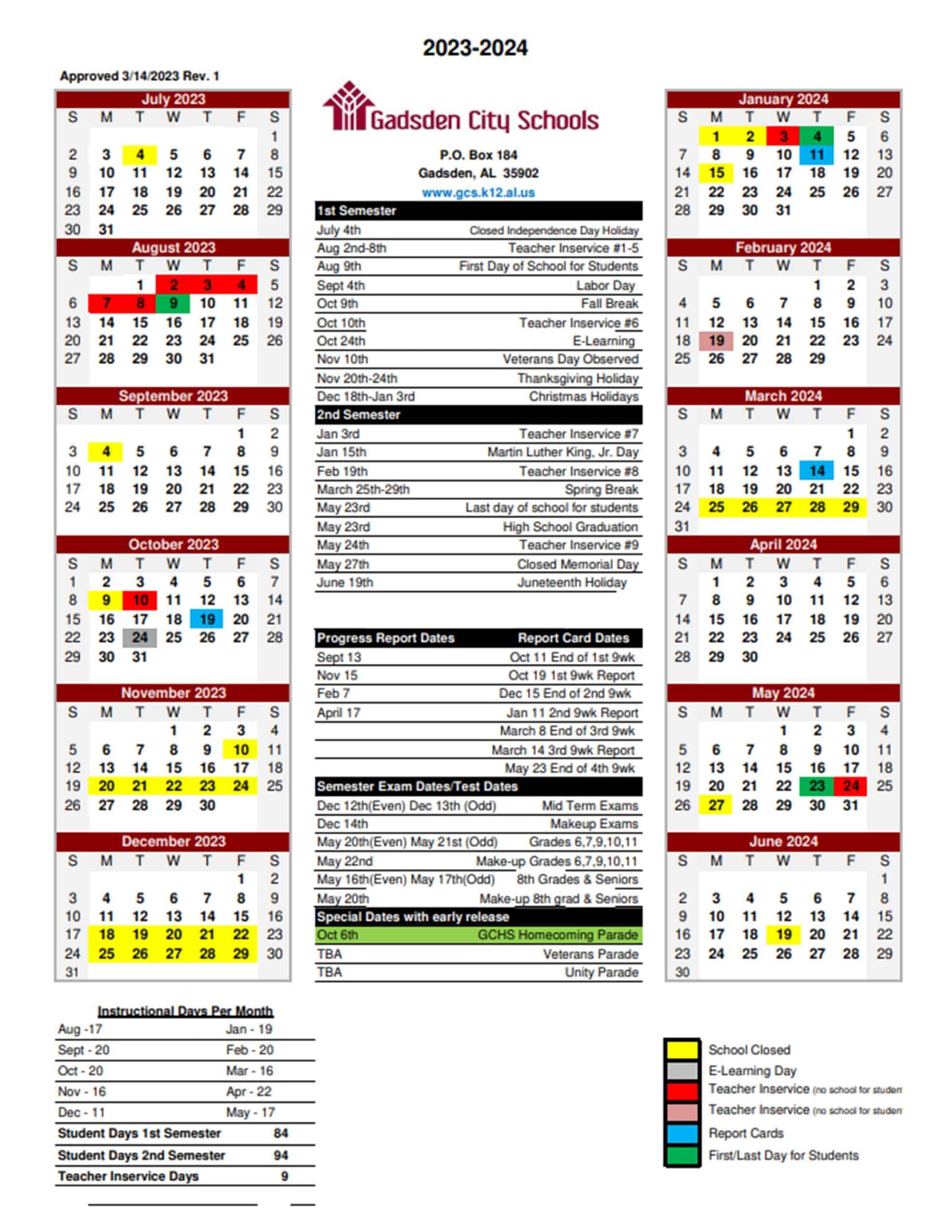 Gadsden City Schools Calendar 2023-2024