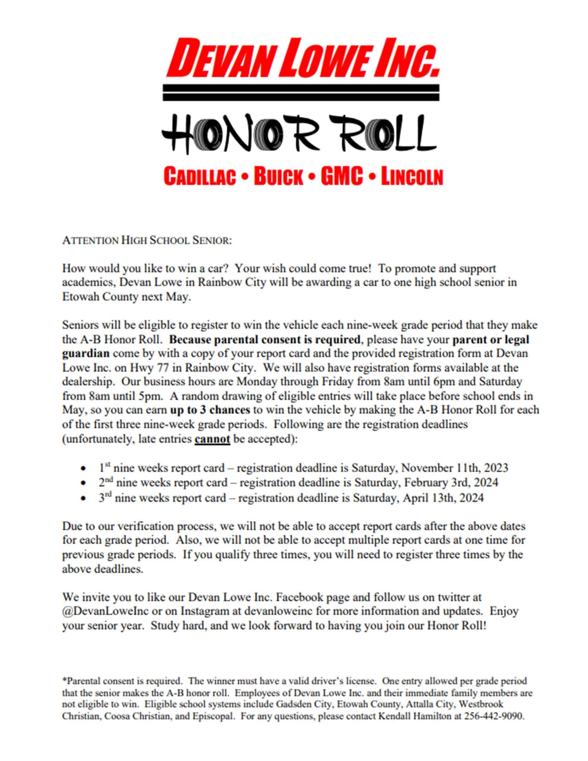 Devan Lowe Honor Roll Announcement